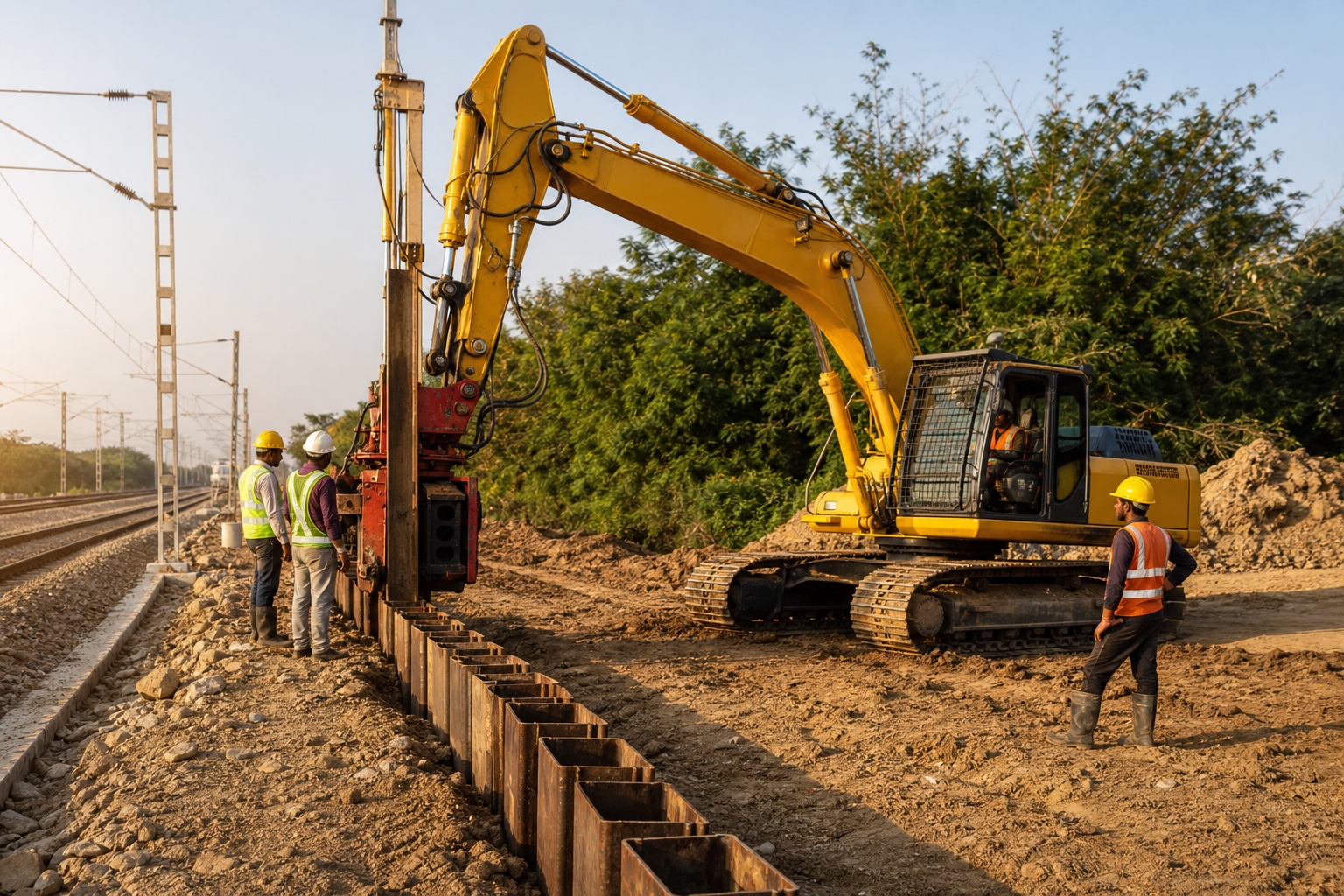 Sheet piling beside a railway corridor